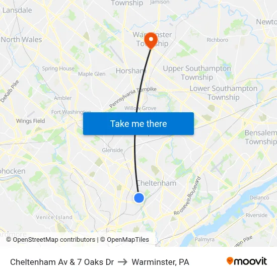 Cheltenham Av & 7 Oaks Dr to Warminster, PA map
