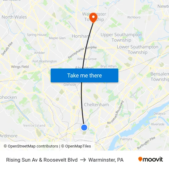 Rising Sun Av & Roosevelt Blvd to Warminster, PA map