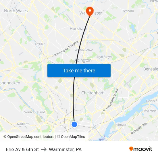 Erie Av & 6th St to Warminster, PA map