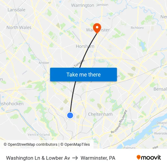 Washington Ln & Lowber Av to Warminster, PA map