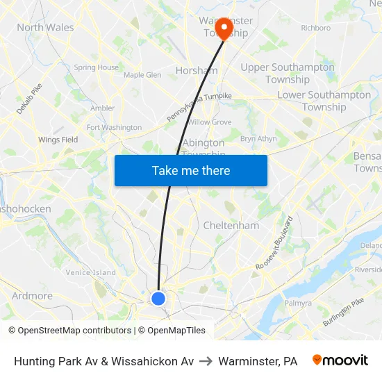 Hunting Park Av & Wissahickon Av to Warminster, PA map