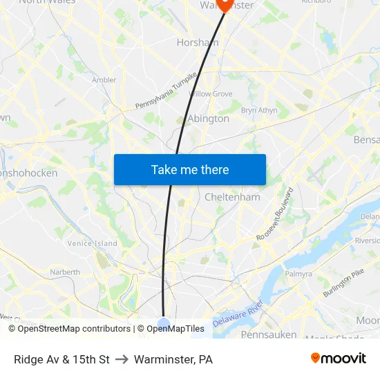 Ridge Av & 15th St to Warminster, PA map