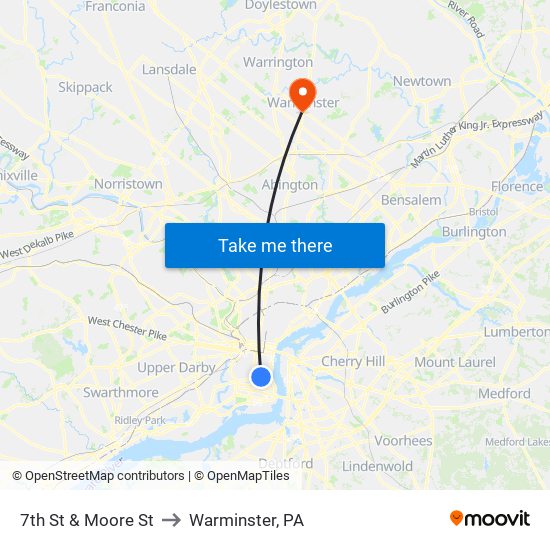 7th St & Moore St to Warminster, PA map