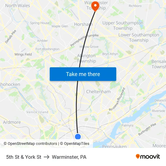 5th St & York St to Warminster, PA map
