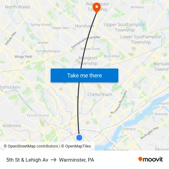 5th St & Lehigh Av to Warminster, PA map