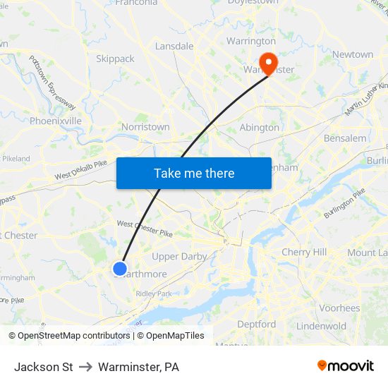 Jackson St to Warminster, PA map