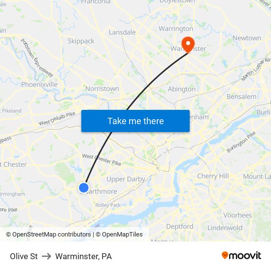 Olive St to Warminster, PA map