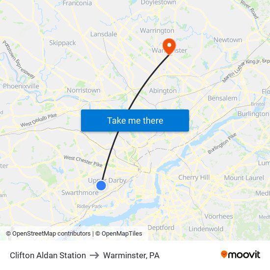 Clifton Aldan Station to Warminster, PA map