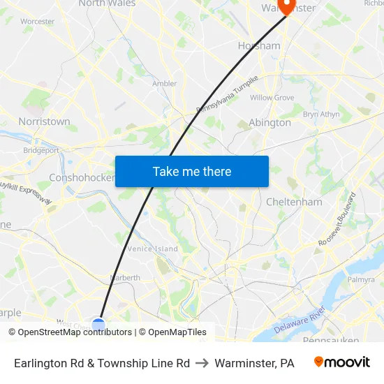 Earlington Rd & Township Line Rd to Warminster, PA map