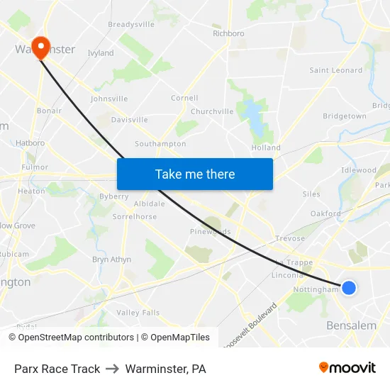 Parx Race Track to Warminster, PA map