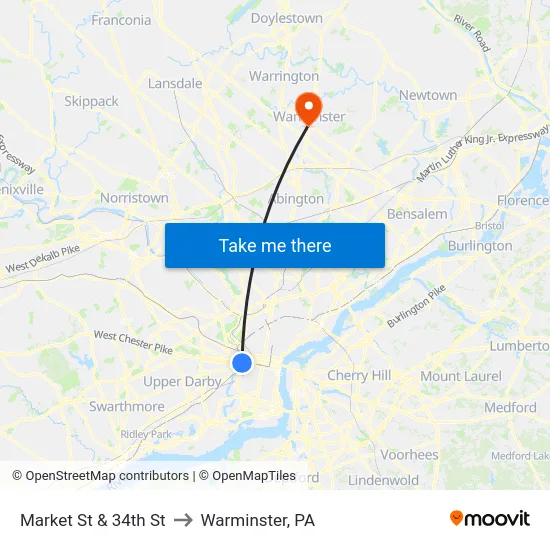Market St & 34th St to Warminster, PA map