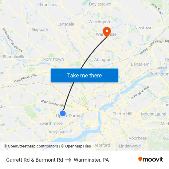 Garrett Rd & Burmont Rd to Warminster, PA map