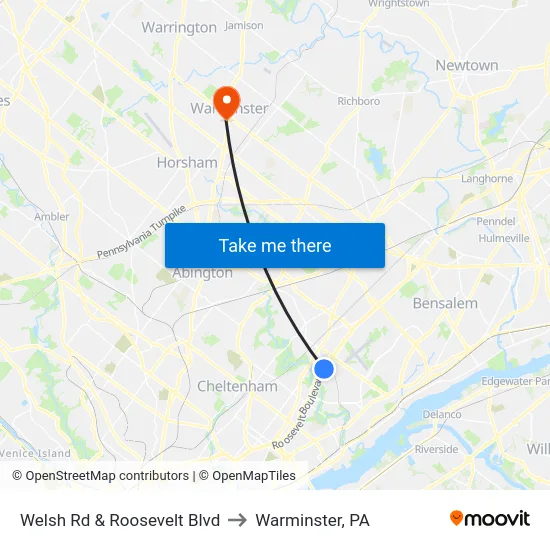 Welsh Rd & Roosevelt Blvd to Warminster, PA map