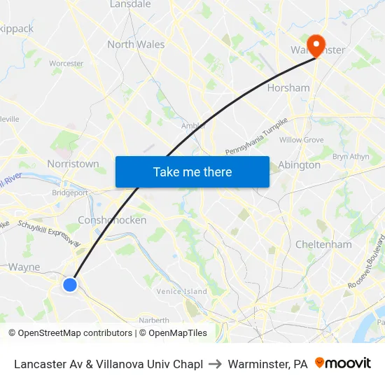 Lancaster Av & Villanova Univ Chapl to Warminster, PA map