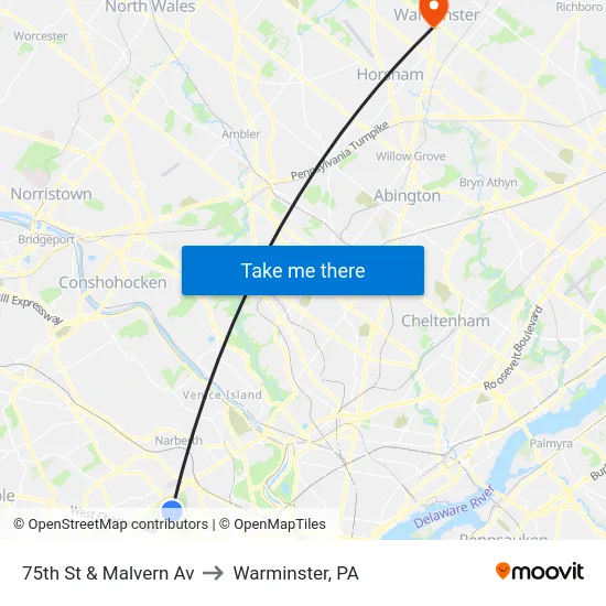 75th St & Malvern Av to Warminster, PA map