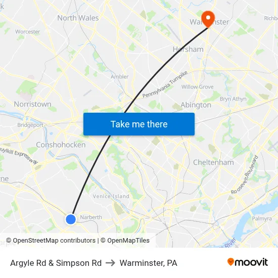Argyle Rd & Simpson Rd to Warminster, PA map