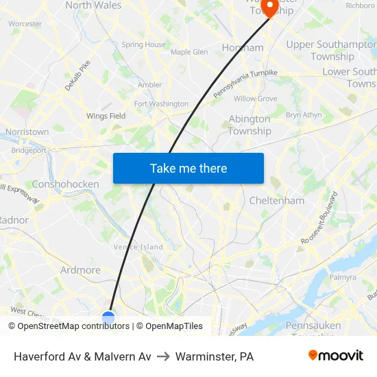 Haverford Av & Malvern Av to Warminster, PA map