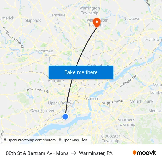 88th St & Bartram Av - Mbns to Warminster, PA map