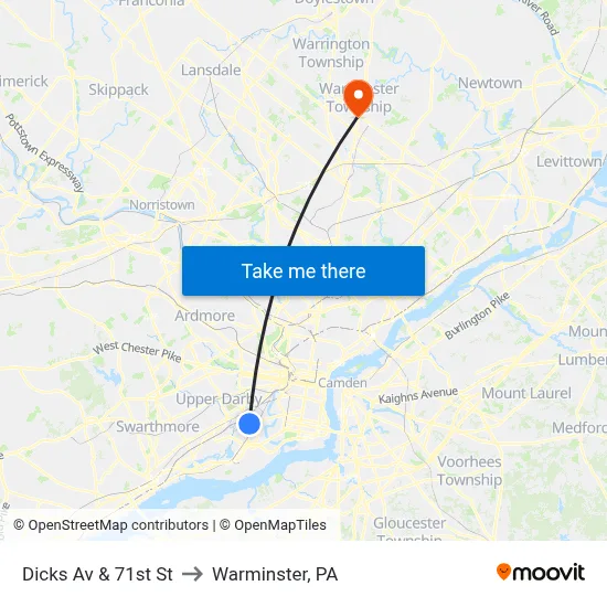 Dicks Av & 71st St to Warminster, PA map
