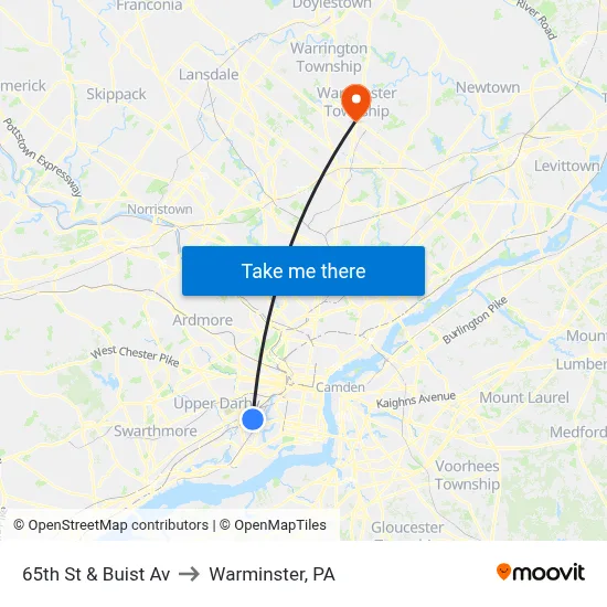65th St & Buist Av to Warminster, PA map