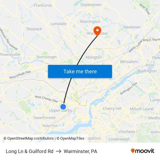 Long Ln & Guilford Rd to Warminster, PA map