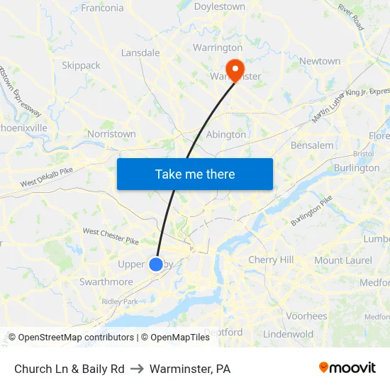Church Ln & Baily Rd to Warminster, PA map
