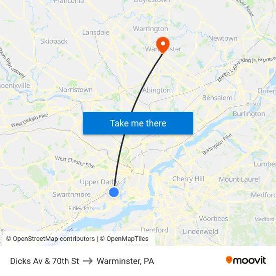 Dicks Av & 70th St to Warminster, PA map