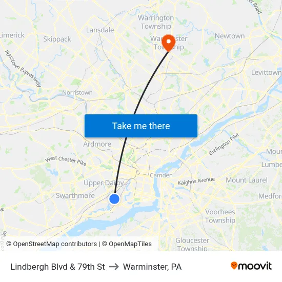 Lindbergh Blvd & 79th St to Warminster, PA map