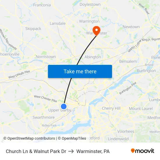 Church Ln & Walnut Park Dr to Warminster, PA map