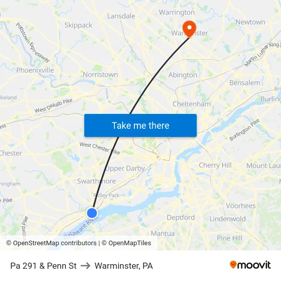 Pa 291 & Penn St to Warminster, PA map