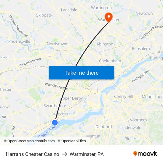 Harrah's Chester Casino to Warminster, PA map