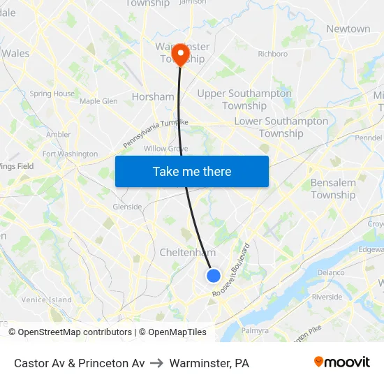 Castor Av & Princeton Av to Warminster, PA map