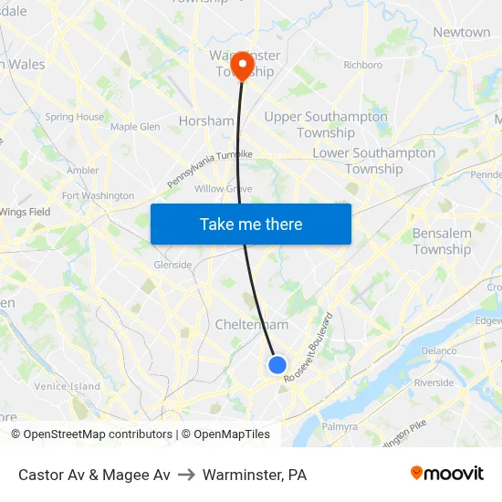 Castor Av & Magee Av to Warminster, PA map