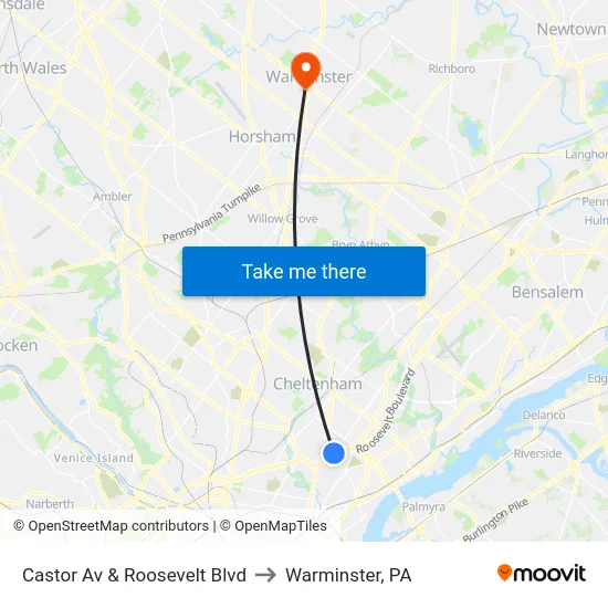 Castor Av & Roosevelt Blvd to Warminster, PA map