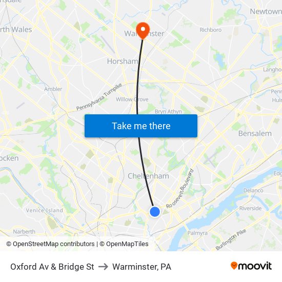 Oxford Av & Bridge St to Warminster, PA map