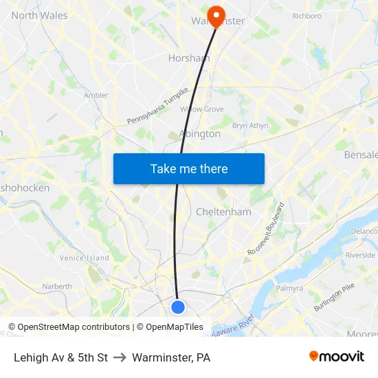 Lehigh Av & 5th St to Warminster, PA map