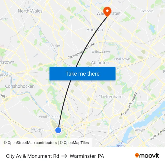 City Av & Monument Rd to Warminster, PA map