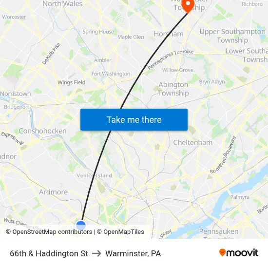 66th & Haddington St to Warminster, PA map