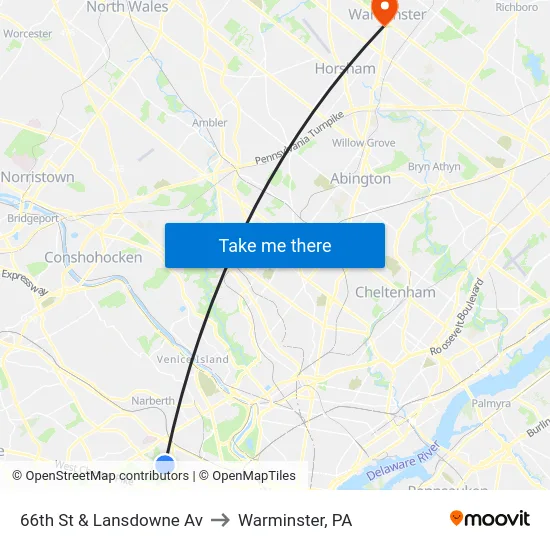 66th St & Lansdowne Av to Warminster, PA map
