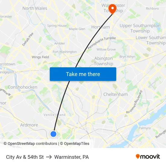 City Av & 54th St to Warminster, PA map