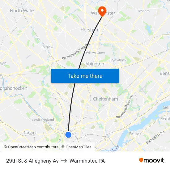 29th St & Allegheny Av to Warminster, PA map