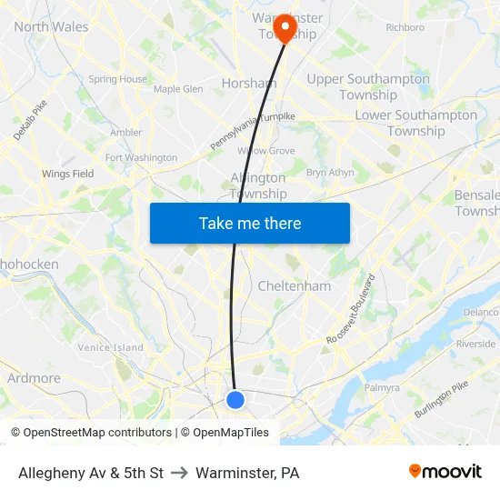Allegheny Av & 5th St to Warminster, PA map