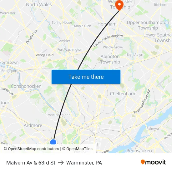 Malvern Av & 63rd St to Warminster, PA map