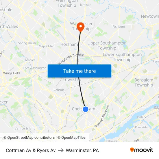 Cottman Av & Ryers Av to Warminster, PA map