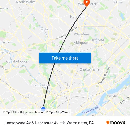 Lansdowne Av & Lancaster Av to Warminster, PA map