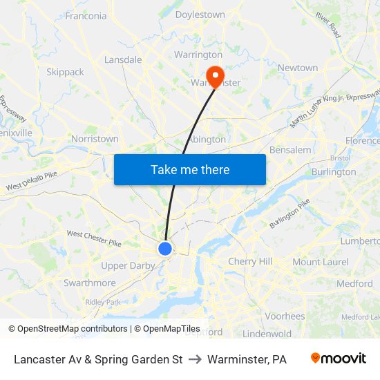 Lancaster Av & Spring Garden St to Warminster, PA map