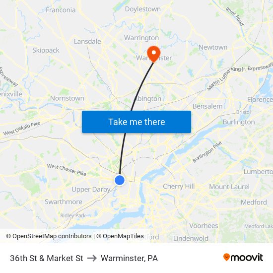 36th St & Market St to Warminster, PA map