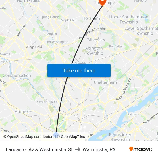 Lancaster Av & Westminster St to Warminster, PA map