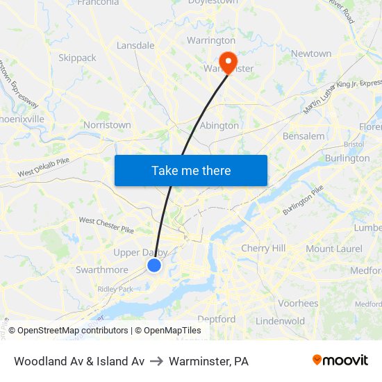 Woodland Av & Island Av to Warminster, PA map