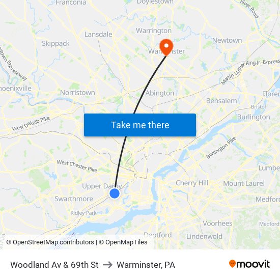 Woodland Av & 69th St to Warminster, PA map